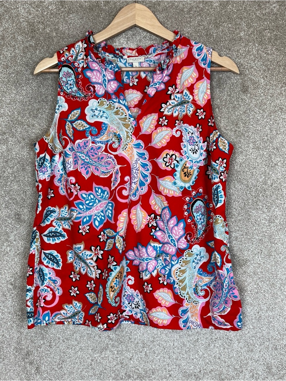 Talbots Blouse Womens Large Petite Red Floral Cotton Sleeveless Pullover- 5258